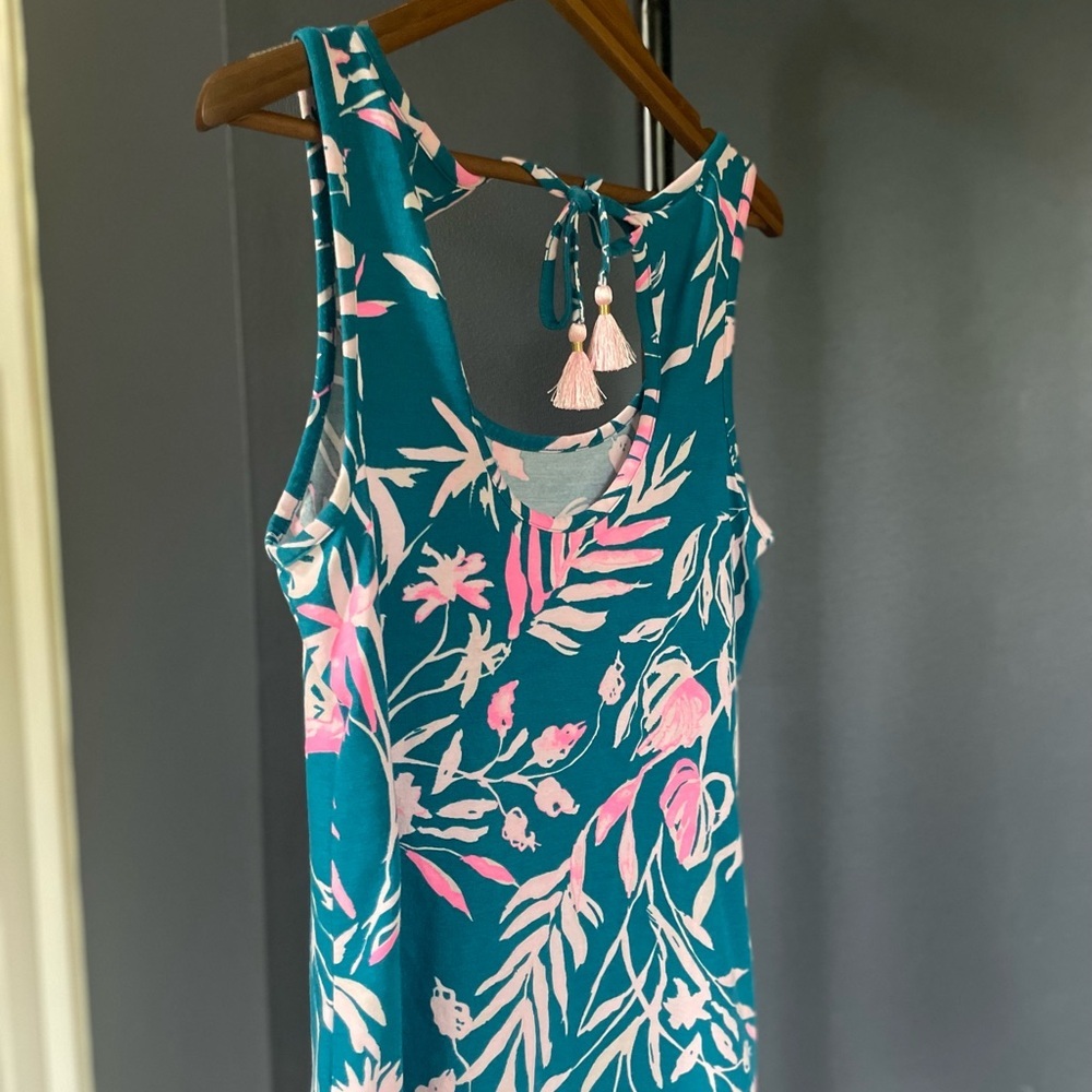 Lilly Pulitzer Teal & Pink Sleeveless Scoopneck Tropical Floral Tank, Tassel Tie - Picture 6 of 10